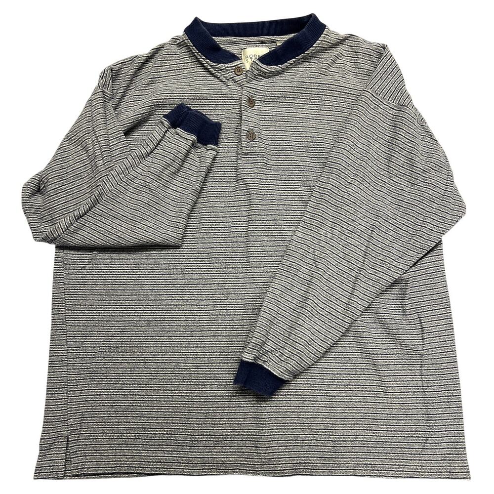 VINTAGE Robert Stock Shirt Mens M Blue Grey Striped Henley Long Sleeve 90s